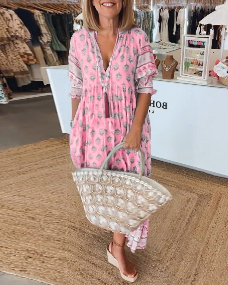Modena™ – Vestido casual estampado com decote em V e manga 3/4