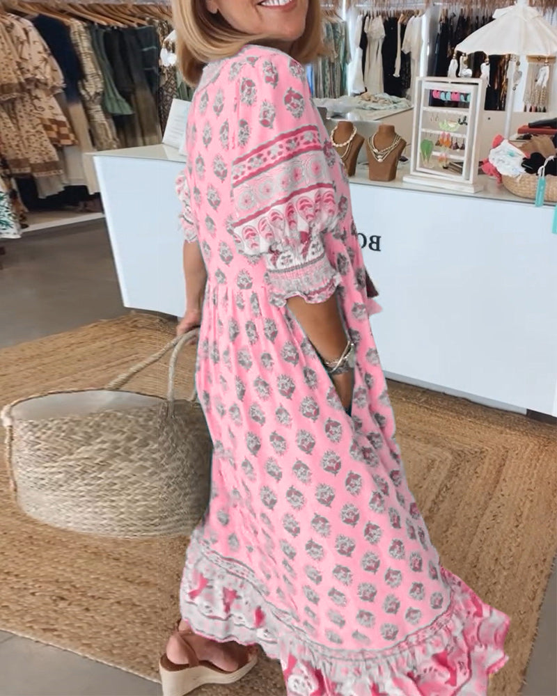 Modena™ – Vestido casual estampado com decote em V e manga 3/4