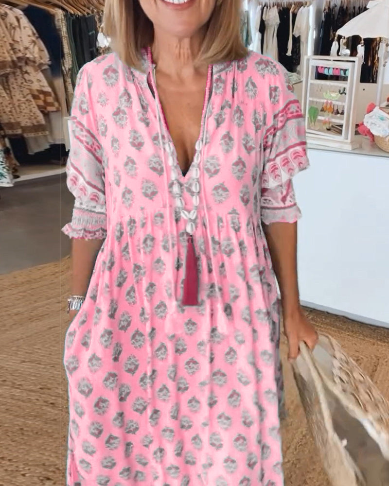 Modena™ – Vestido casual estampado com decote em V e manga 3/4