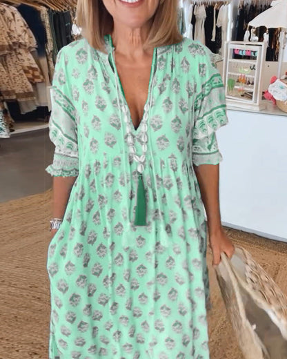 Modena™ – Vestido casual estampado com decote em V e manga 3/4