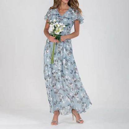 Aurora™ Vestido longo com mangas curtas e babados e decote em V