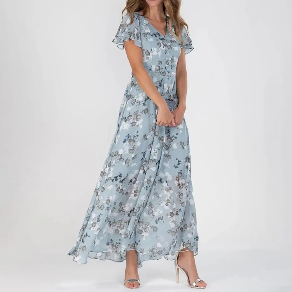 Aurora™ Vestido longo com mangas curtas e babados e decote em V