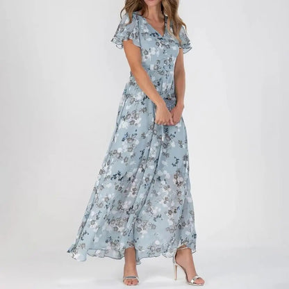 Aurora™ Vestido longo com mangas curtas e babados e decote em V