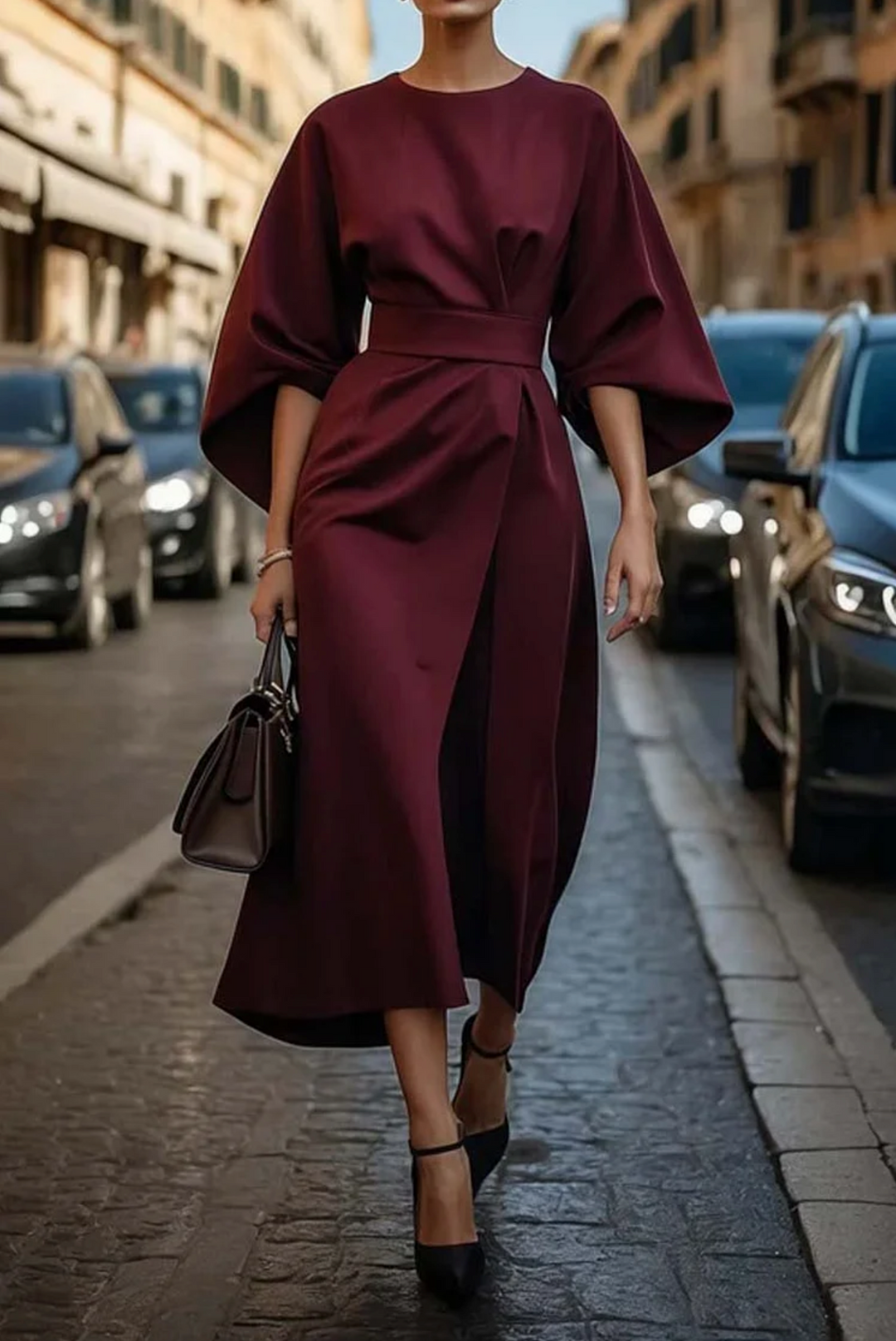 Sofia™ Vestido elegante com mangas lanterna e cinto