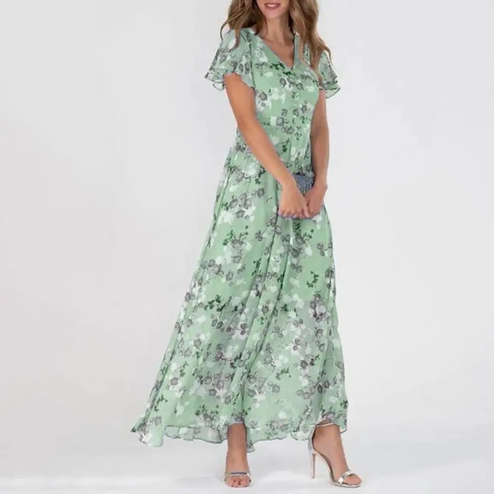 Aurora™ Vestido longo com mangas curtas e babados e decote em V